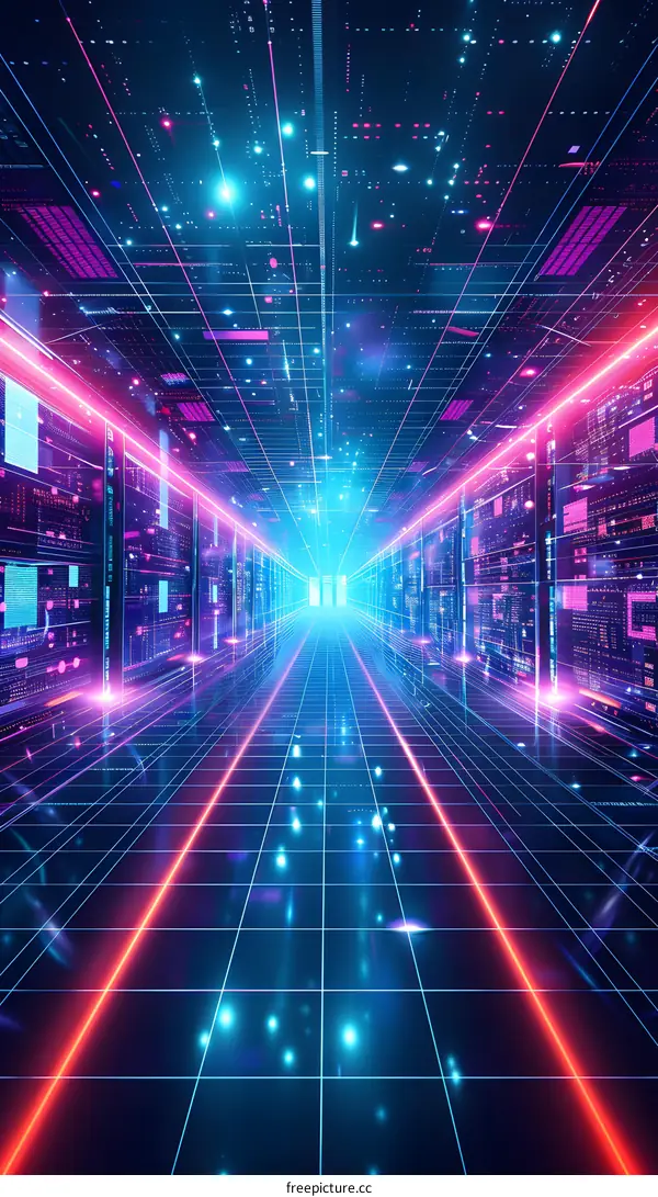 Neon Glowing Digital Corridor with Lines