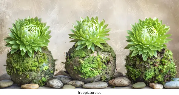 Three Green Succulents on Mossy Balls and Stones