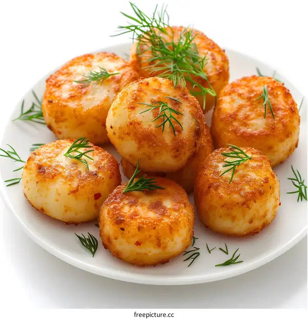 Fried Potato Patties with Dill on White Plate