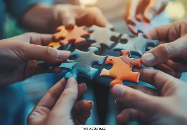 A group of multiracial people putting puzzle pieces together