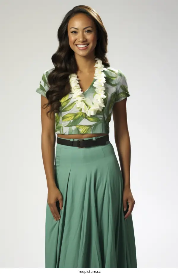 A young woman of Hawaiian ethnicity wearing a hawaiian outfit