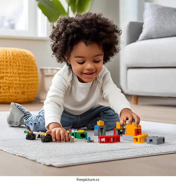 African American Toddler Playing with Lego Blocks in Living Room