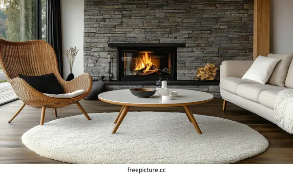 Cozy Living Room with Fireplace and Round Rug