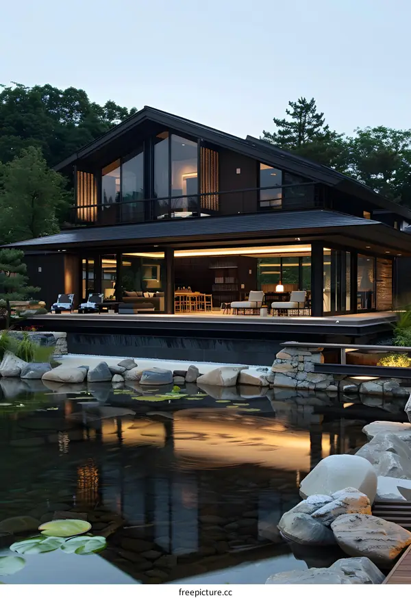 Modern Japanese House with Pond and Stone Garden
