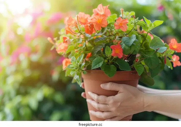 A person holding a flower pot with orange flowers