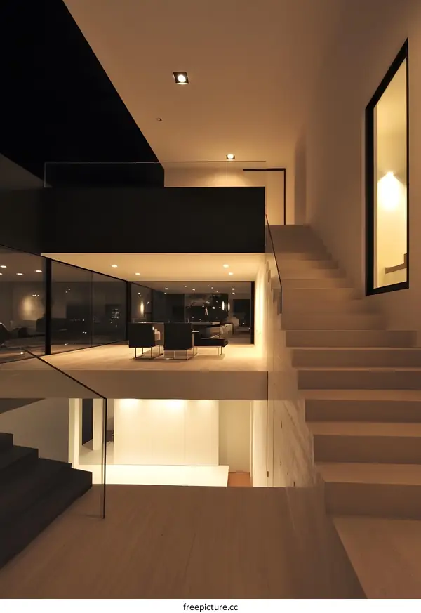 Modern Architecture Staircase with Concrete Wall and Glass Railing