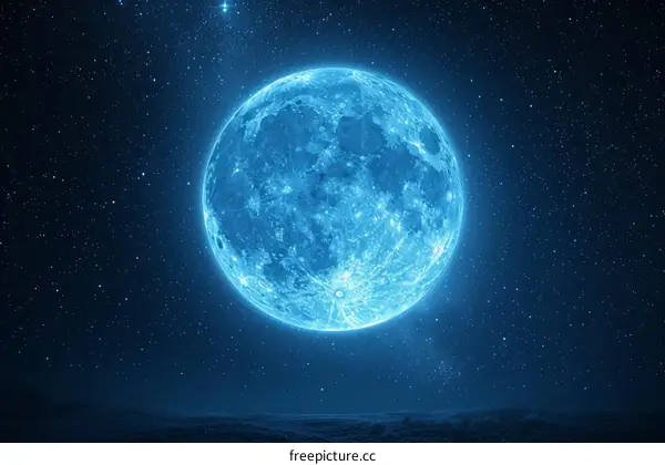 Blue moon rising over dark landscape with stars in the night sky