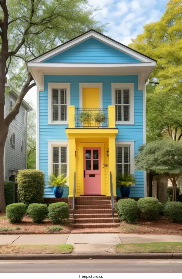 Colorful tiny house with blue and yellow exterior