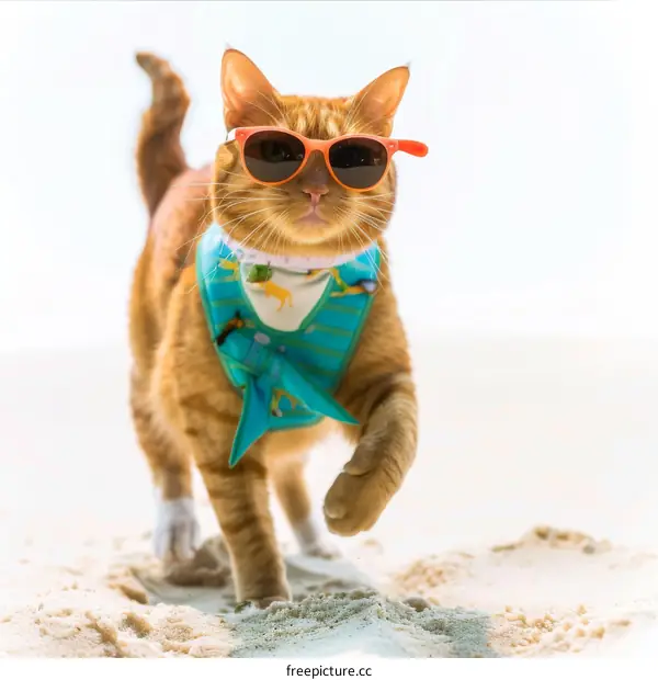 Cat in sunglasses and life jacket walking on beach