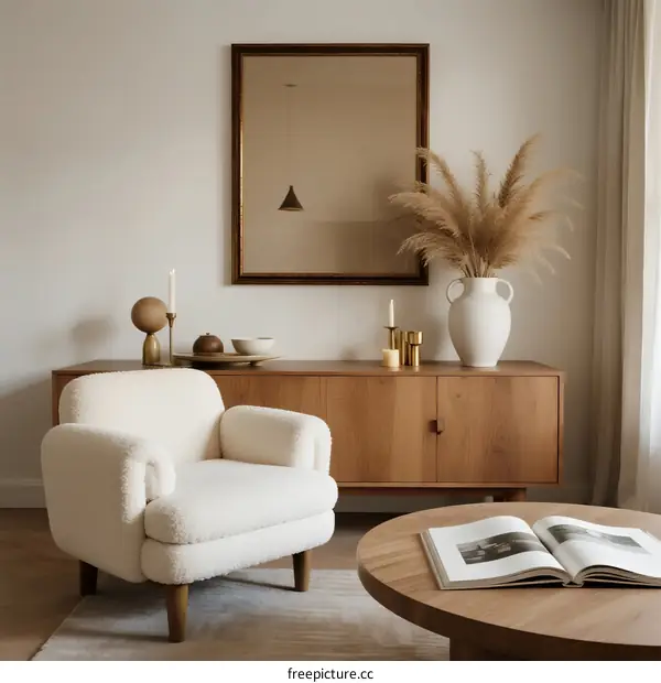 Modern Living Room with Fluffy Armchair and Wooden Furniture