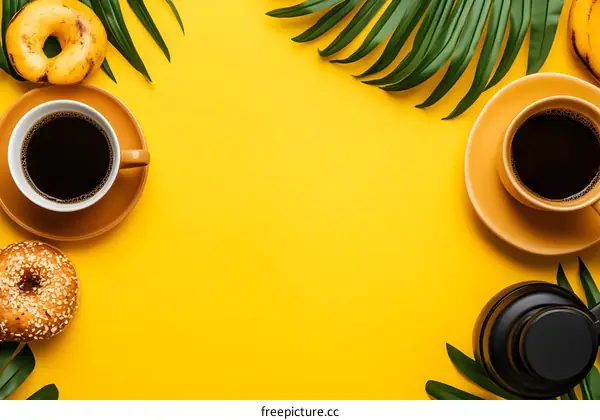 Yellow Background with Coffee Cup, Doughnuts and Palm Leaves