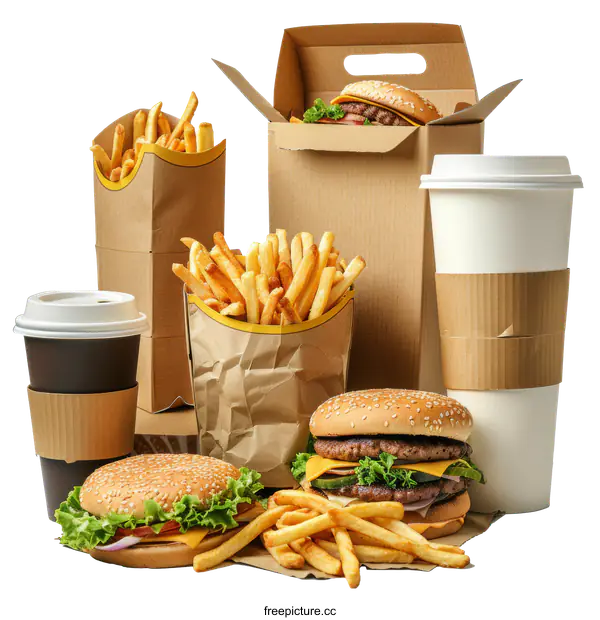 [Transparent Background PNG]Fast Food Takeaway with Burgers and Fries
