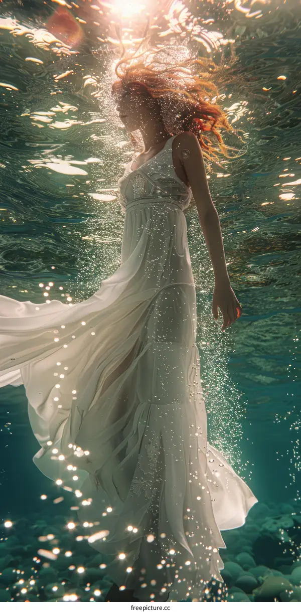 Woman in White Dress Floating Underwater