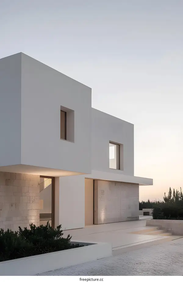 Modern Minimalist White House Exterior Design With Stone Facade