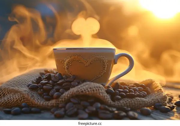 Coffee Cup with Coffee Beans and Heart-shaped Steam