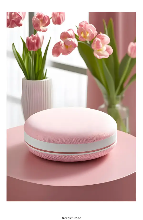 Pink Round Portable Speaker on Pink Table with Flowers