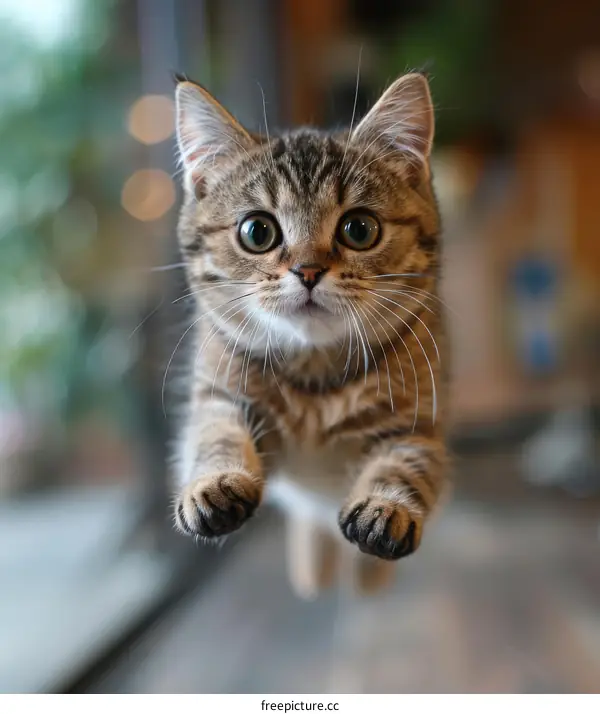 Small tabby kitten jumping in mid air