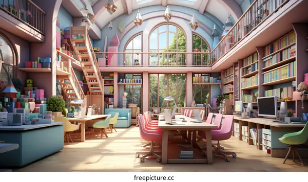 A beautiful library with a large window and a balcony