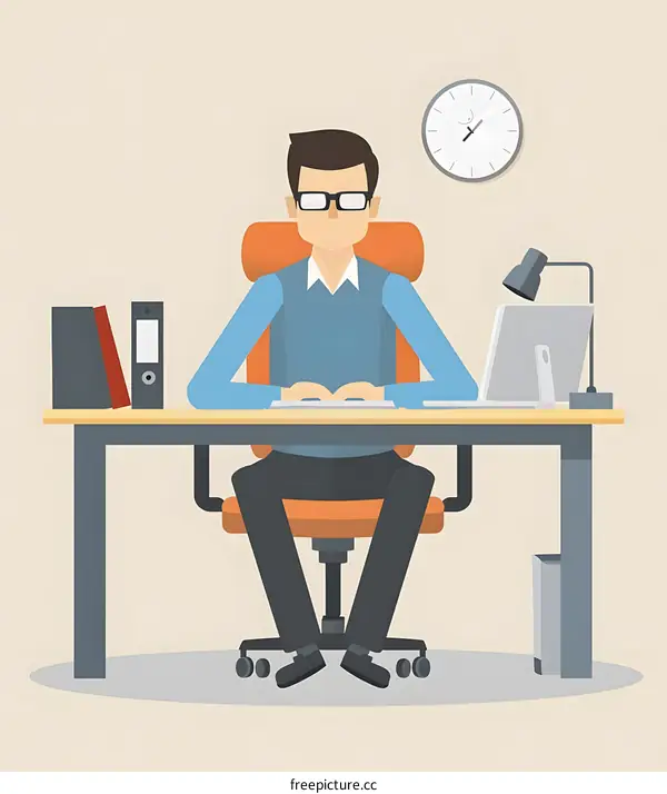 Man Working At Computer Desk Illustration