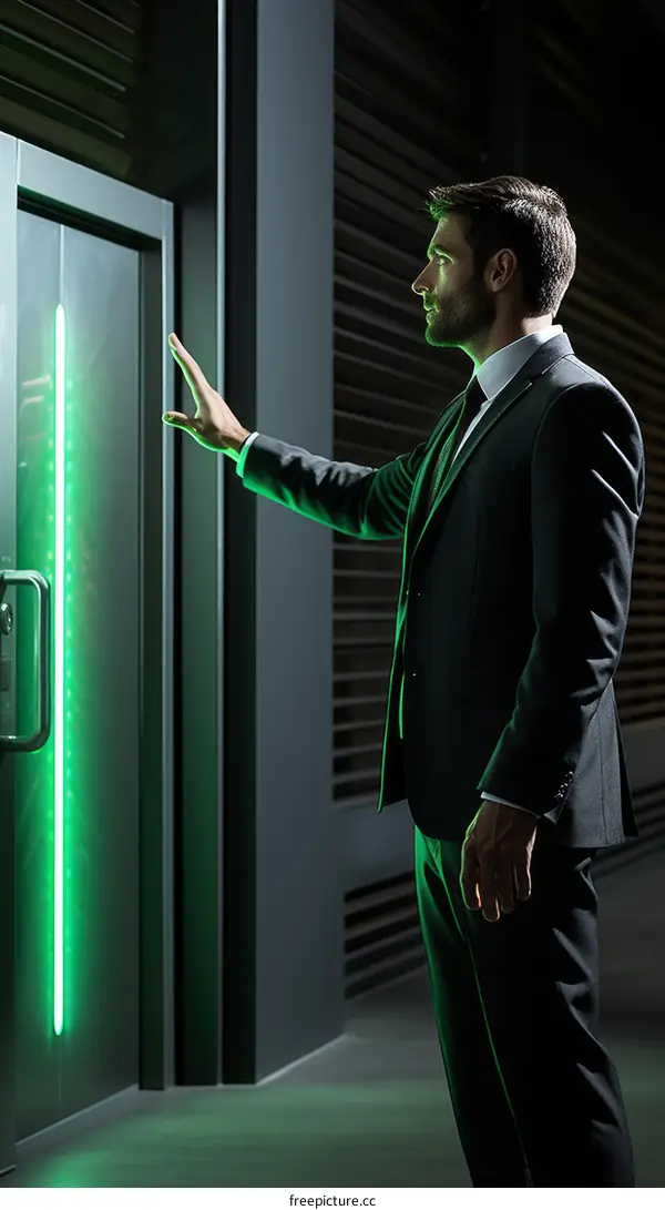 Businessman in suit using futuristic technology to open door