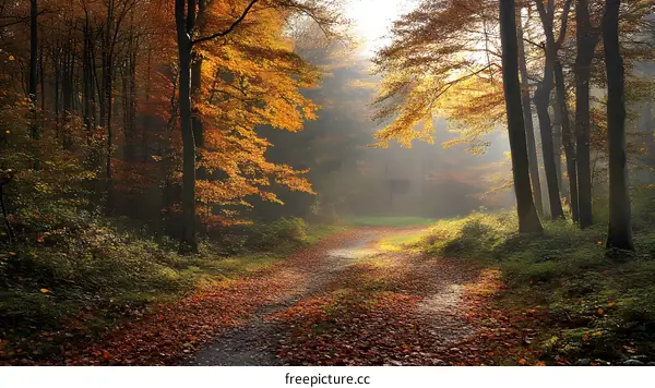 Autumn Forest Path with Sunlight and Fog