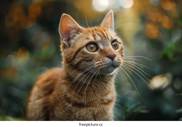 A ginger cat is sitting in the garden and looking away
