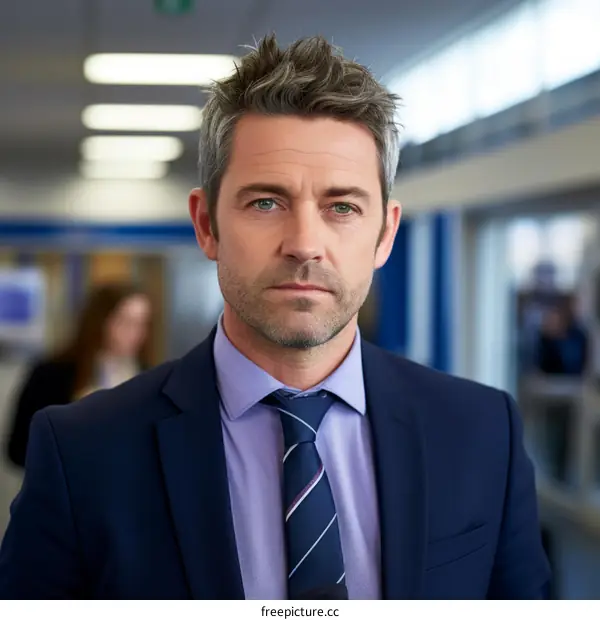 A man in a suit and tie with a serious expression on his face