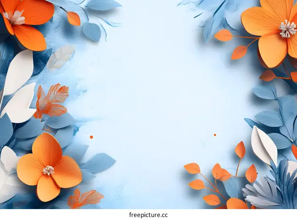 Blue and Orange Paper Flowers on a Blue Background