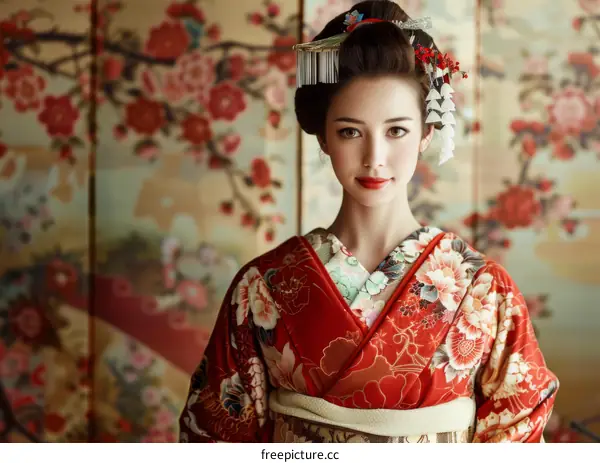 Portrait of a beautiful Japanese woman in traditional kimono
