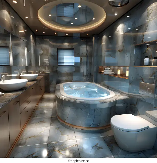 Spacious and Luxurious Bathroom with Blue Marble Tiles