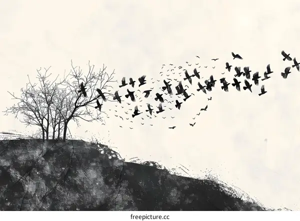 Black and White Birds Flying Away from Tree Illustration