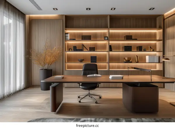 Office with wood bookshelf and leather chair
