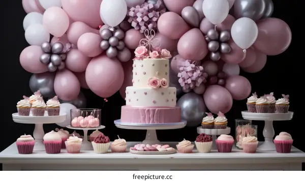 A table full of pink and white cupcakes and a large pink and white cake with pink and white balloons in the background