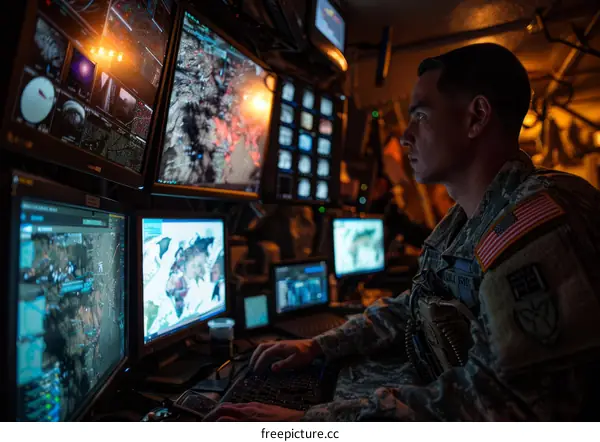 A soldier monitors multiple computer screens displaying maps and data.