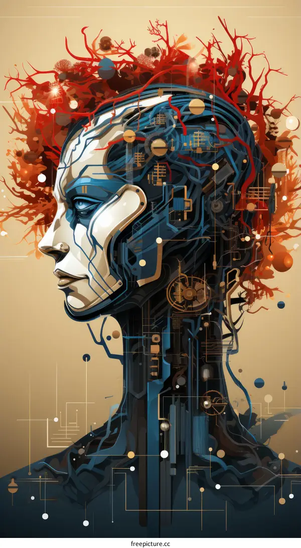 A Digital Painting of a Female Face with Red and Orange Hair Comprised of Vines and Circuitry