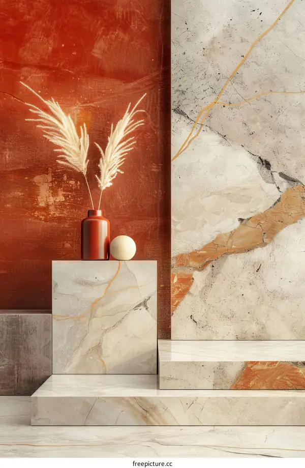 Pampas Grass Vase on Marble Podium, Red Background