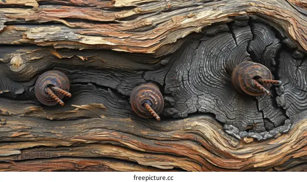 Close up of an aged and textured wooden plank with rusty metal details