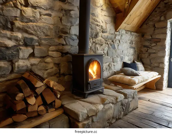 Rustic Stone Fireplace with Wood Burning Stove