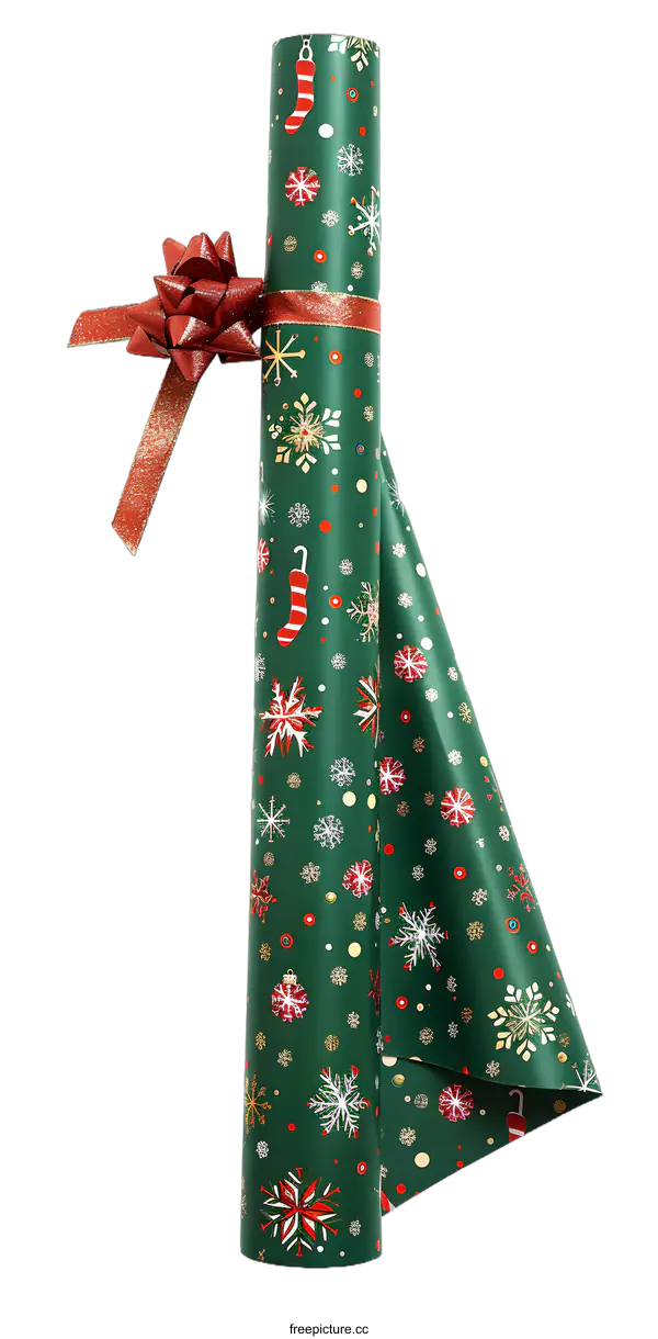 [Transparent Background PNG]Green Christmas Wrapping Paper Roll with Red Bow