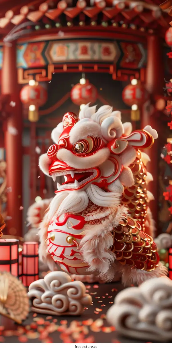 Majestic Golden Red Lion Sculpture Adorns Chinese Temple