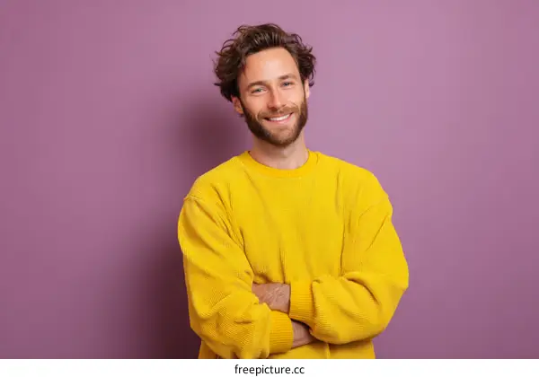 Smiling Man in a Bright Yellow Sweater Against a Purple Background