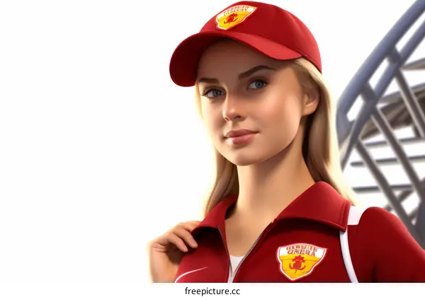 Portrait of a young blonde woman in a red cap and red sports jacket