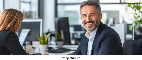 Smiling Businessman Sitting at Desk in Modern Office