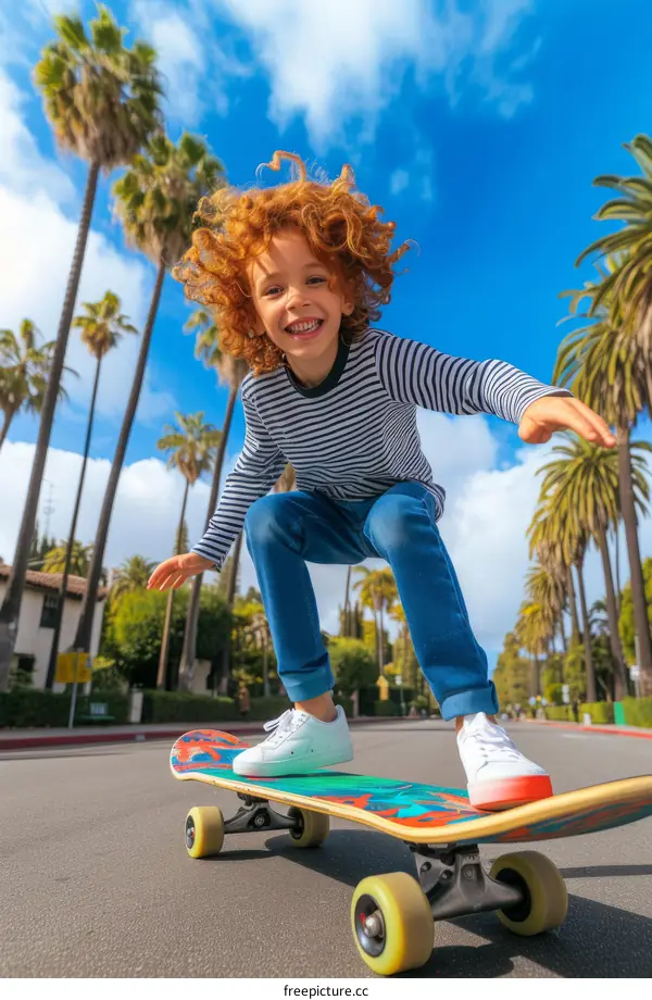 Young redheaded boy skateboarding down a palm tree lined street