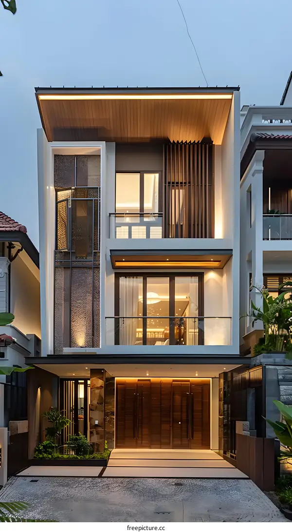 Modern House with Wooden Facade and Balconies