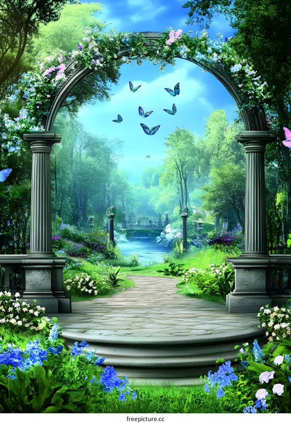 Fantasy Garden with Stone Archway and Butterflies