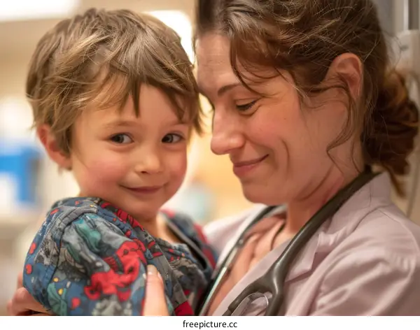 Pediatrician examining a smiling toddler