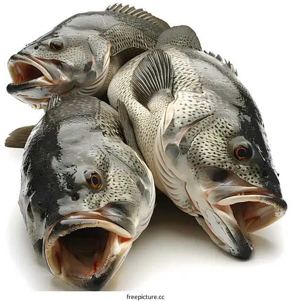 Three freshly caught fish with their mouths wide open