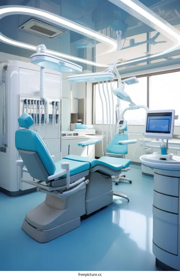 The interior of a modern dental clinic with a treatment chair, dental instruments, and a computer