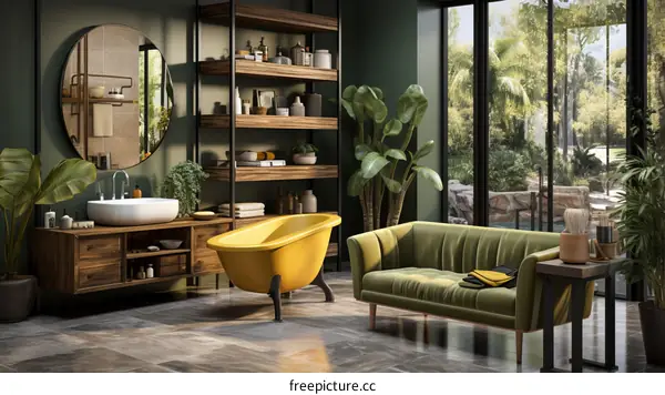 Bathroom interior with a yellow bathtub, green sofa, and large windows